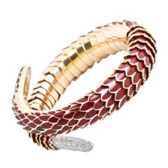 ROBERTO COIN Diamond Gold Red Enamel Cobra Bracelet