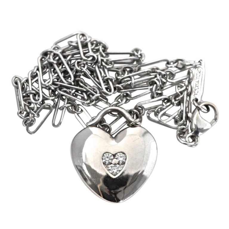 TIFFANY & CO. Diamond White Gold Heart Necklace For Sale