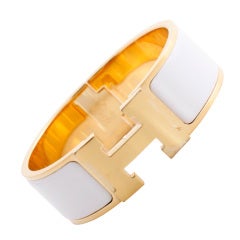 HERMES White Enamel Gold-Plated Silver H Bracelet