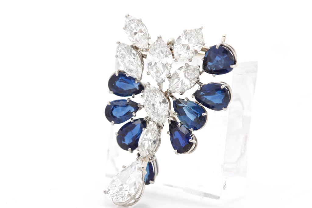 Women's Diamond Sapphire Platinum Brooch For Sale