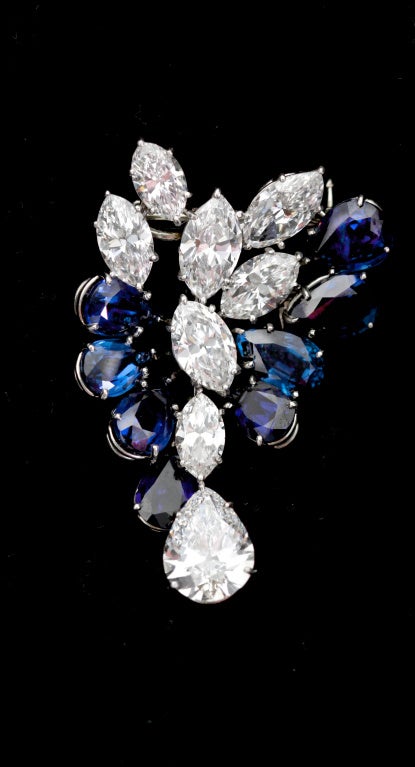 Diamond Sapphire Platinum Brooch For Sale 4