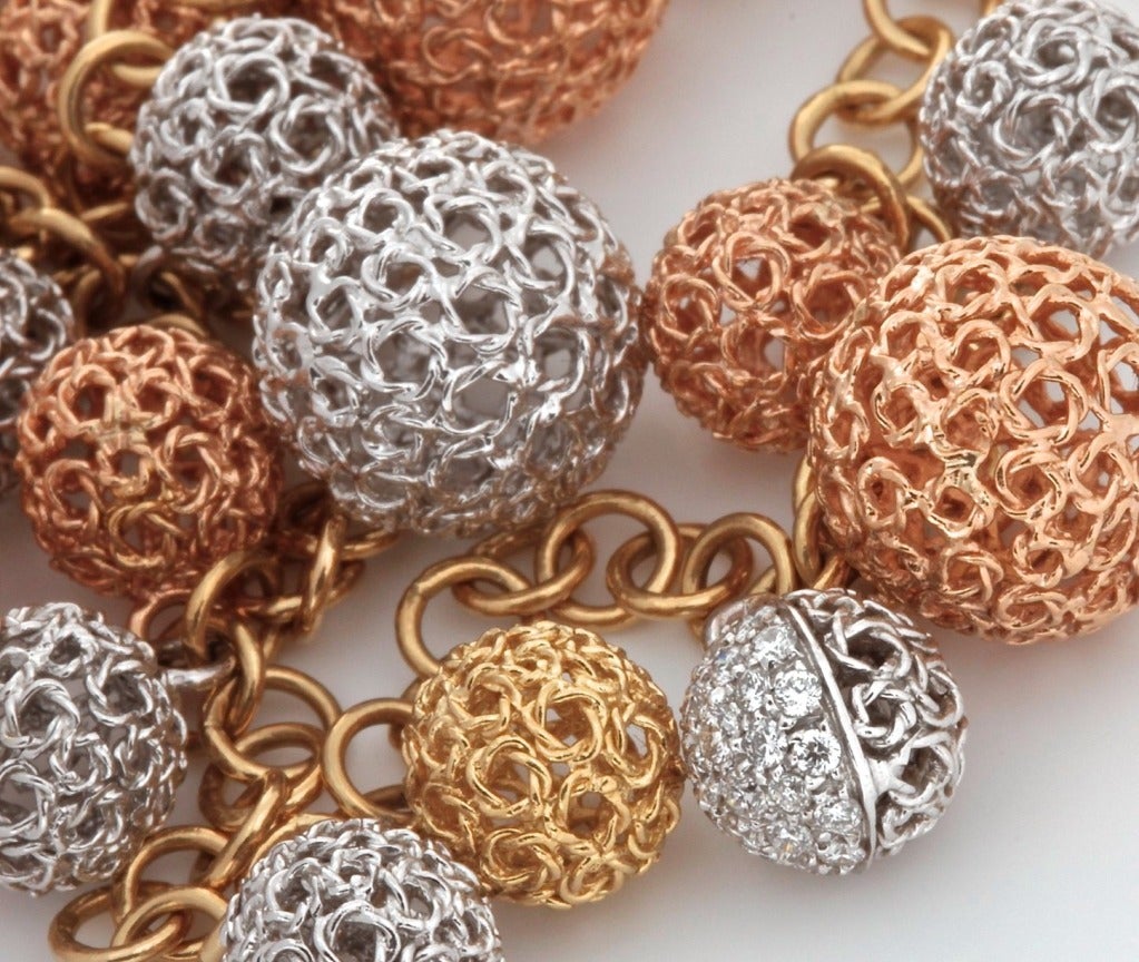 ROBERTO COIN Diamond & Tri-Color Gold Ball Necklace For Sale 2