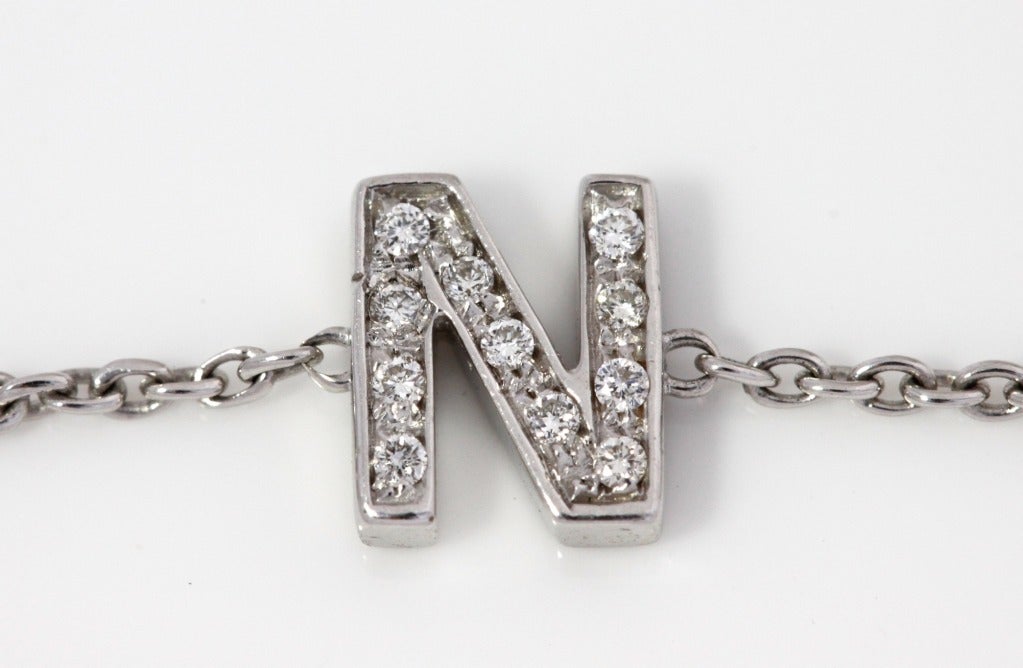 Visit MatterLA.com for more jewelry and accessories.

This is a great little necklace from Roberto Coin. It's 18K solid white gold with 5 individual letter N's each one set with 11 micro pave diamonds. These gorgeous necklaces make for excellent