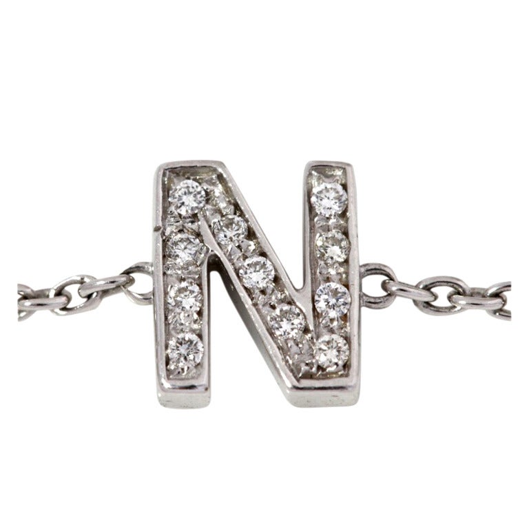 ROBERTO COIN Diamond White Gold Letter "N" Necklace For Sale