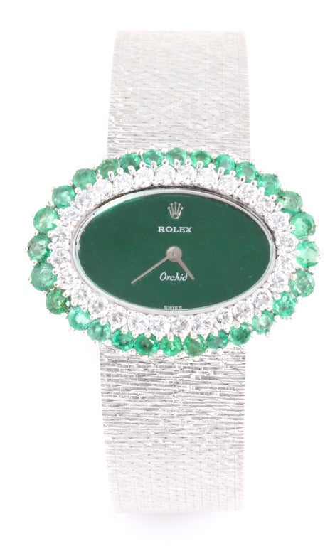 Rolex Lady's White Gold, Diamond and Emerald Bracelet Watch 3