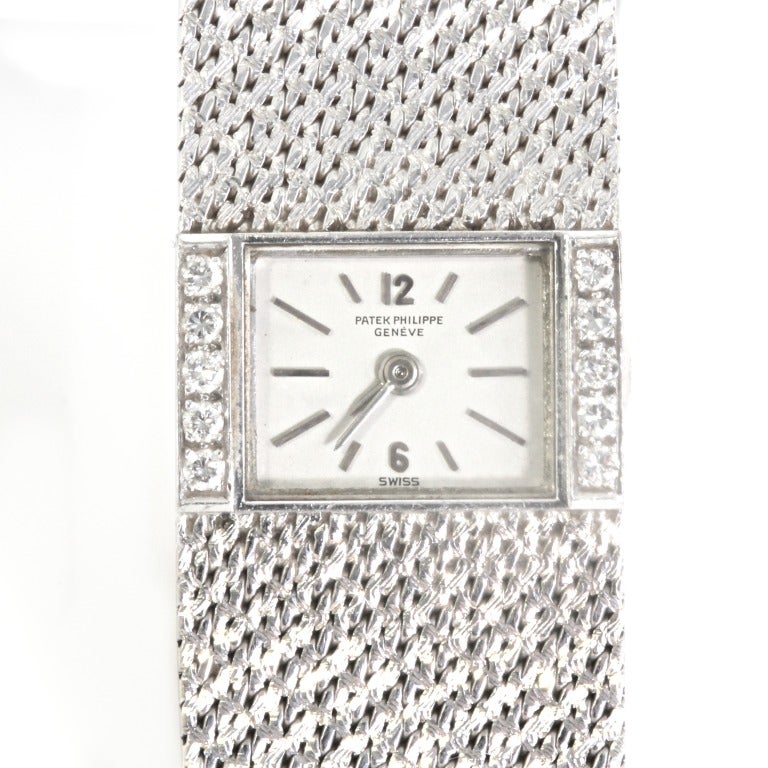 Patek Philippe Lady's White Gold and Diamond Bracelet Watch For Sale 3