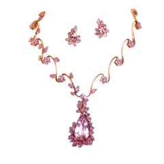 Vintage NARDI Kunzite Sapphire and Diamond Gold Necklace and Earring Set