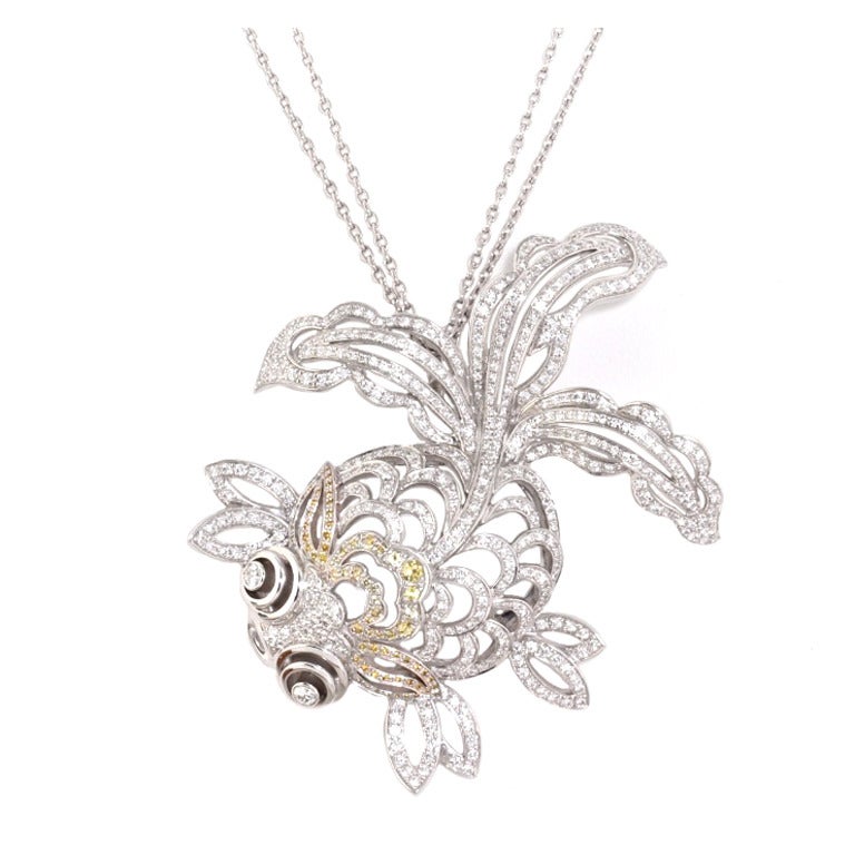 Chopard Diamond White Gold Fish Pendant Double Chain Necklace For Sale