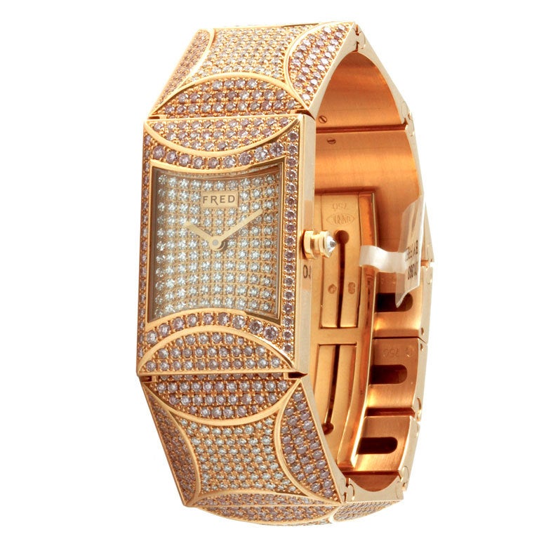Fred Rose Gold and Fancy Pink Diamond Limited Edition Watch For Sale