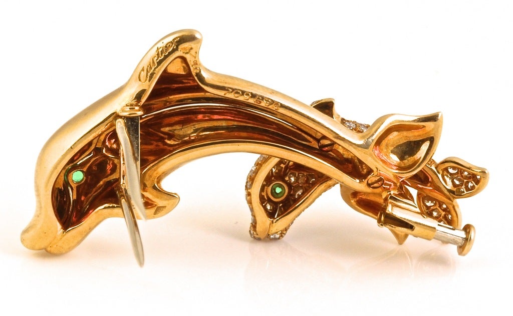 CARTIER Diamond and Emerald  Gold Dolphin Brooch 1
