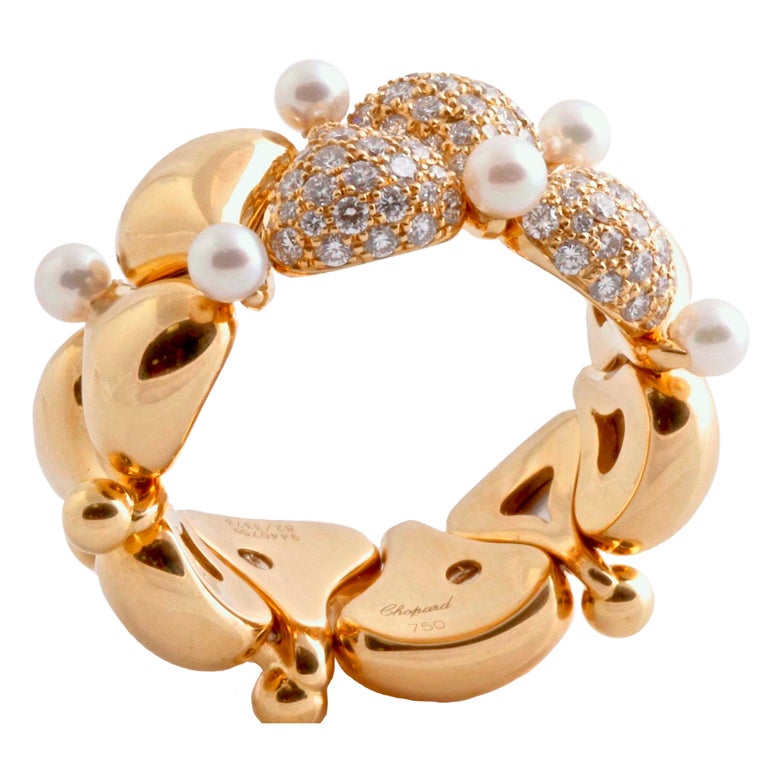 CHOPARD "PUSHKIN" Pearl Diamond Yellow Gold Ring For Sale