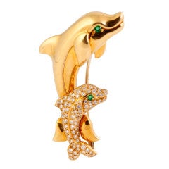 CARTIER Diamond and Emerald  Gold Dolphin Brooch