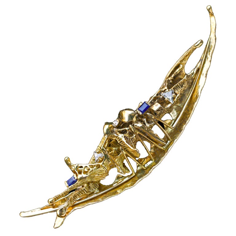 Aurelio Teno Diamond Sapphire Gold Sculptural Brooch