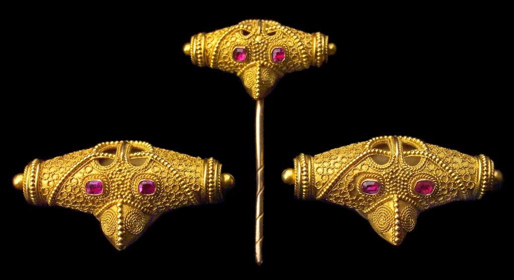 19th Century cufflinks suitable for the cuff or lapel with matching pin. Based on the 10th Century Viking Gold Hiddensee Hoard. cf. Telge's Prahistoriches Goldfunde published 1885 for the design of the replica links