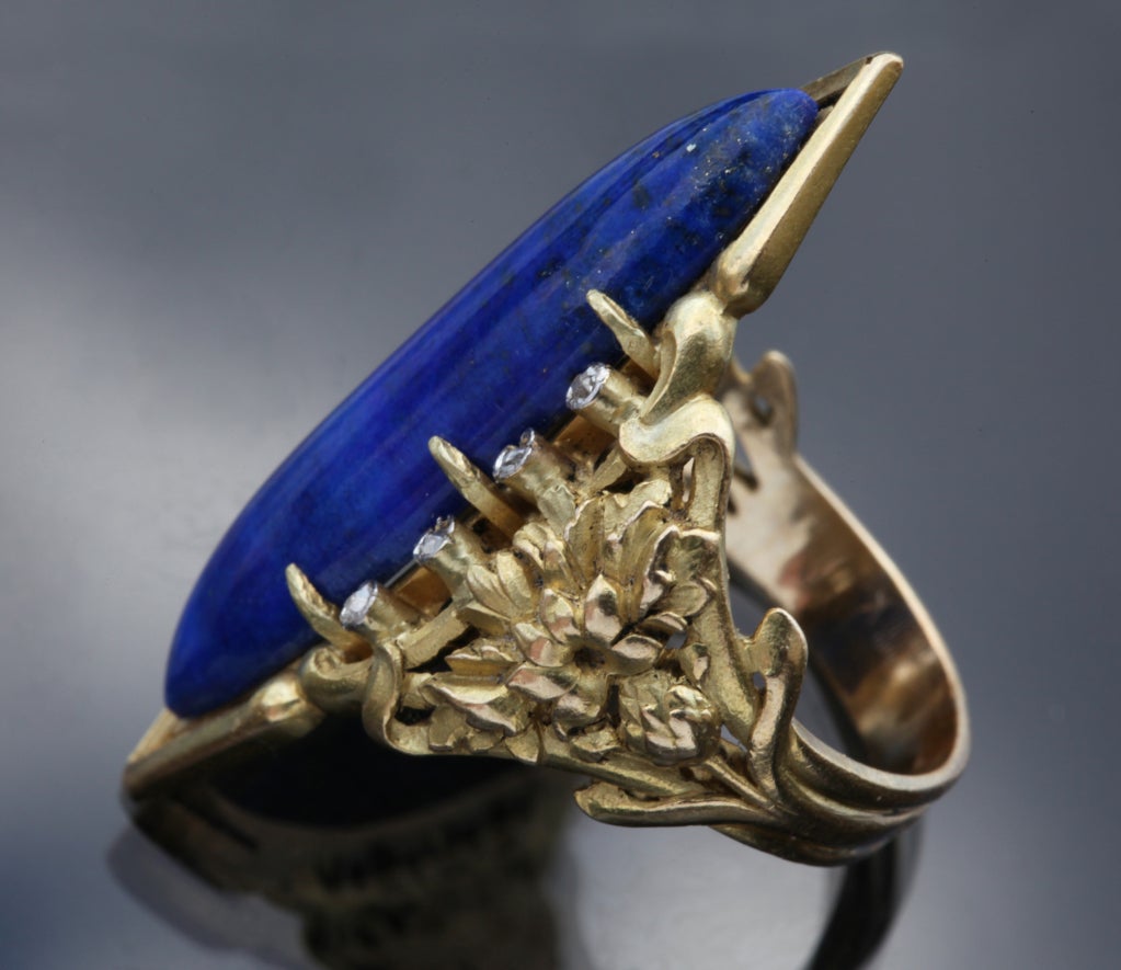 Women's Louis Wièse Art Nouveau Lapis Lazuli Diamond Gold Cornflower Motif Cocktail Ring For Sale