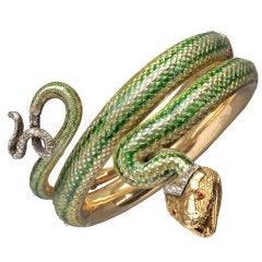 Enamel Ruby Diamond Gold Serpent Bangle French Second Empire