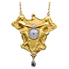 Art Nouveau A Dance to the Music of Time Diamond Gold Pendant Watch Necklace 6
