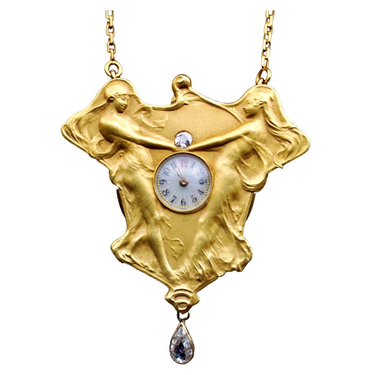 Art Nouveau A Dance to the Music of Time Diamond Gold Pendant Watch Necklace
