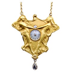 Jugendstil-Uhr-Halskette, A Dance to the Music of Time, Diamant-Gold-Anhänger