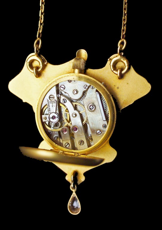 Art Nouveau A Dance to the Music of Time Diamond Gold Pendant Watch Necklace In Excellent Condition In London, GB