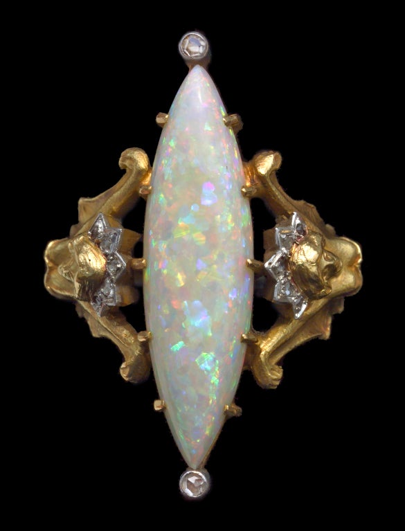 Charles Boutet de Monvel Jugendstil Opal Diamant Gold Fledermaus Jungfrau Ring (Art nouveau) im Angebot