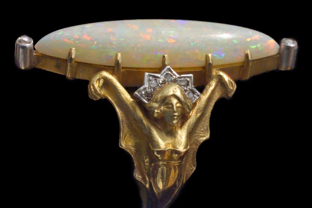 Charles Boutet de Monvel Jugendstil Opal Diamant Gold Fledermaus Jungfrau Ring (Marquiseschliff) im Angebot