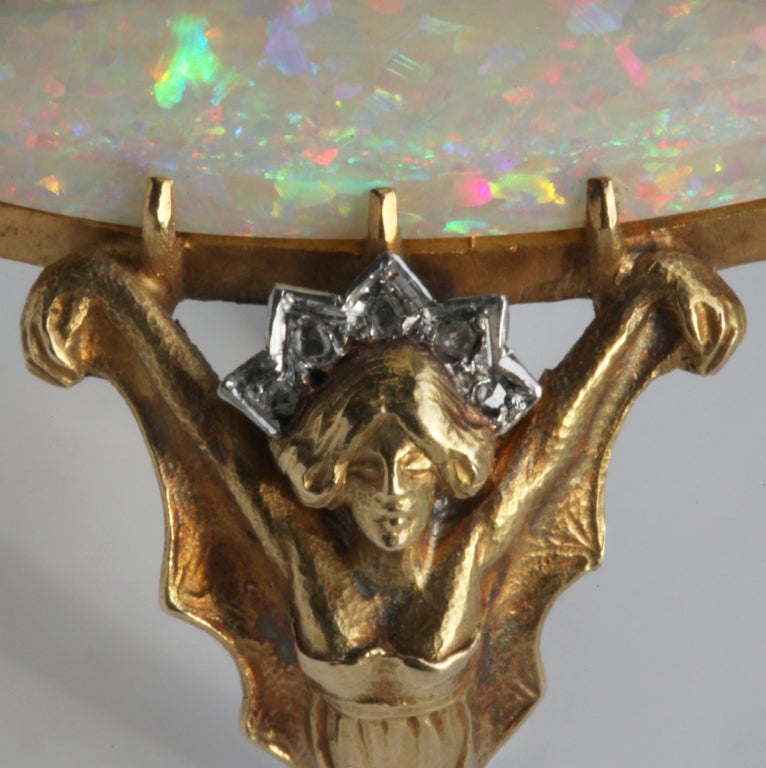 Marquise Cut Charles Boutet de Monvel Art Nouveau Opal Diamond Gold Bat Maiden Ring For Sale