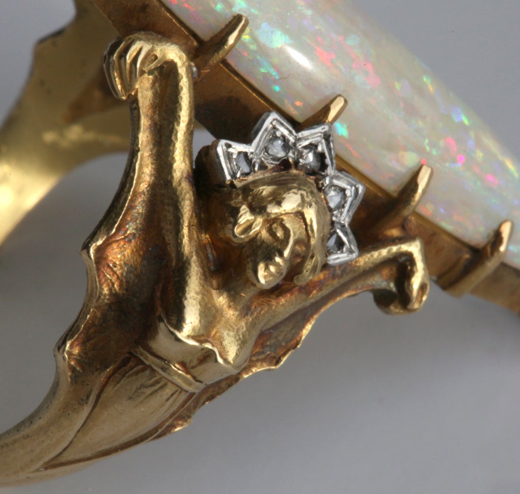 Charles Boutet de Monvel Jugendstil Opal Diamant Gold Fledermaus Jungfrau Ring im Zustand „Gut“ im Angebot in London, GB