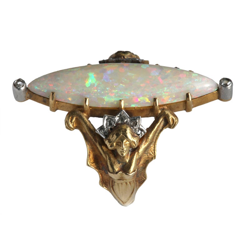 Charles Boutet de Monvel Art Nouveau Opal Diamond Gold Bat Maiden Ring For Sale