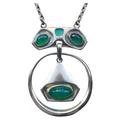 Joseph Maria Olbrich Rare Secessionist Silver Enamel Chalcedony Pendant Necklace 1
