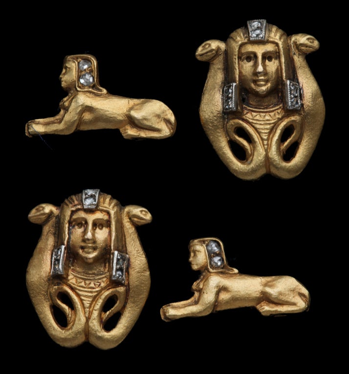 A Mannerist example of Egyptian Revival Cufflinks depicting the Sphinx & the Goddess Isis. They are probably unique, as the technique used for their manufacture required the destruction of the carved wax model in the casting process. Ancient