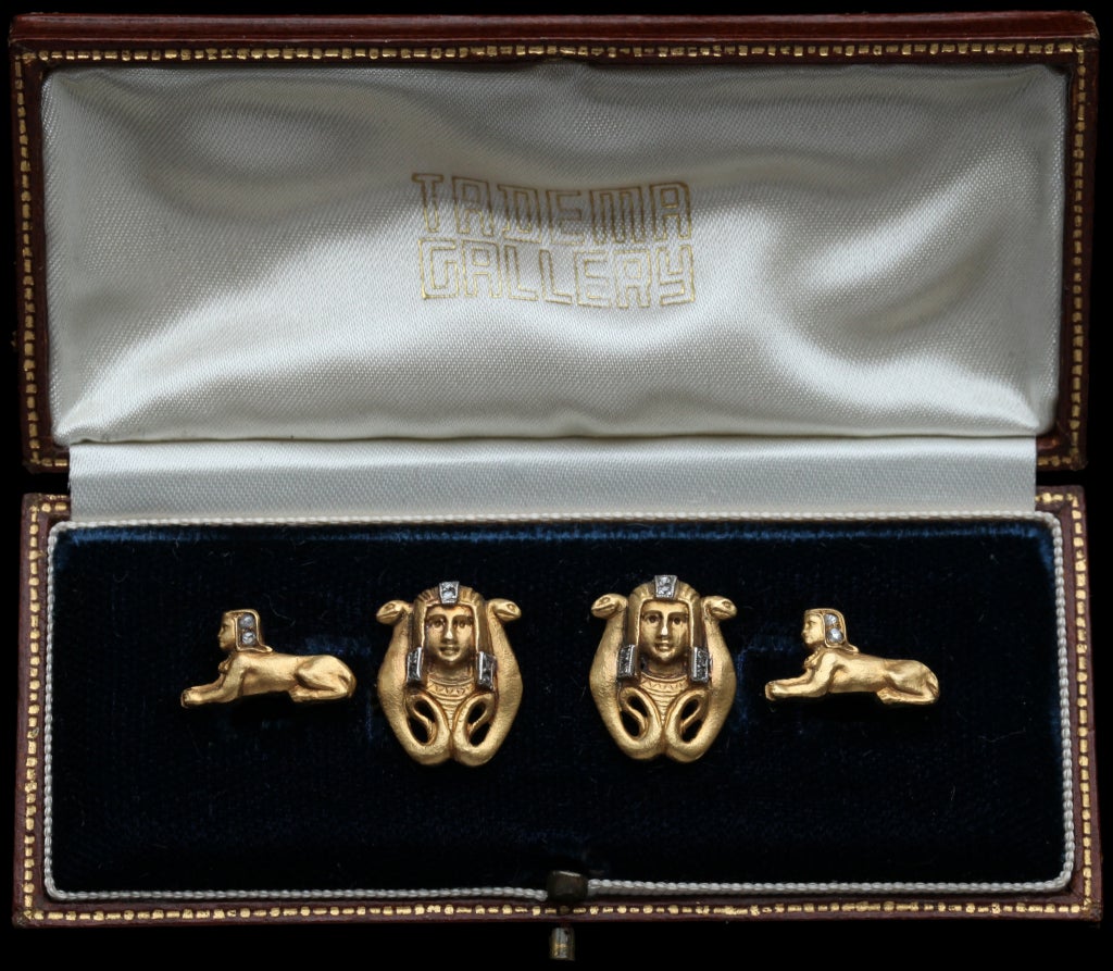 Women's or Men's EGYPTIAN REVIVAL Art Deco Gold Diamond Cufflinks