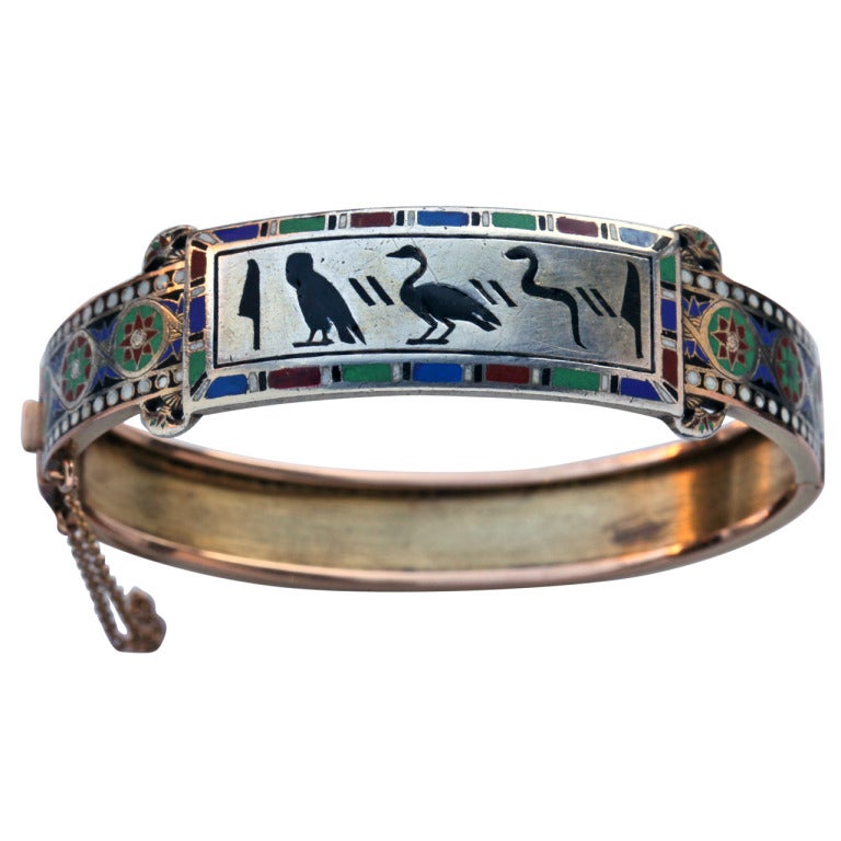 Emile-Désiré Philippe Early Egyptian Revival Gold Silver Enamel Hinged Bangle For Sale