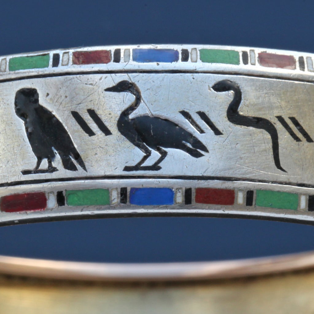 Emile-Désiré Philippe Early Egyptian Revival Gold Silver Enamel Hinged Bangle For Sale 2