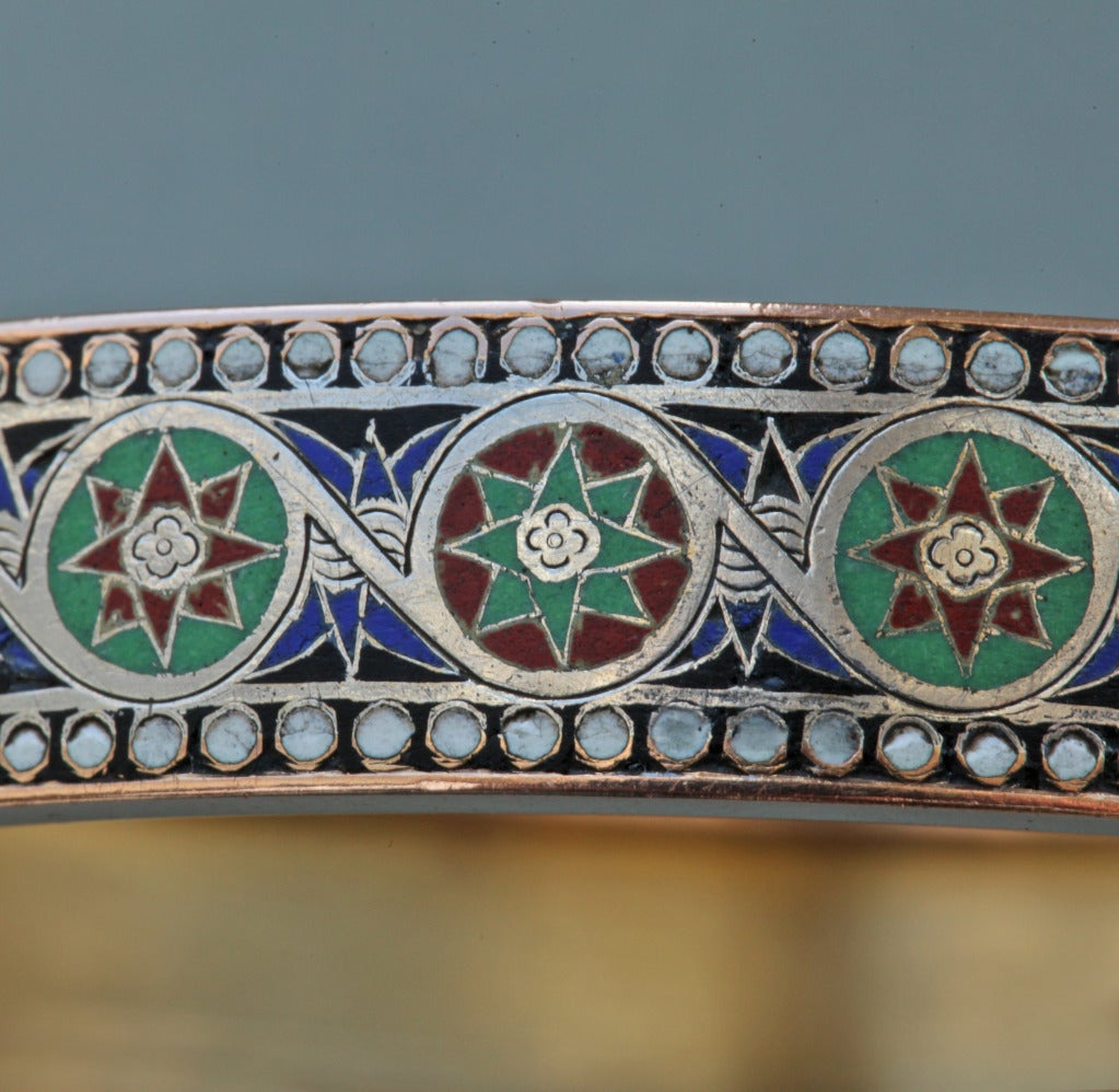 Emile-Désiré Philippe Early Egyptian Revival Gold Silver Enamel Hinged Bangle For Sale 3