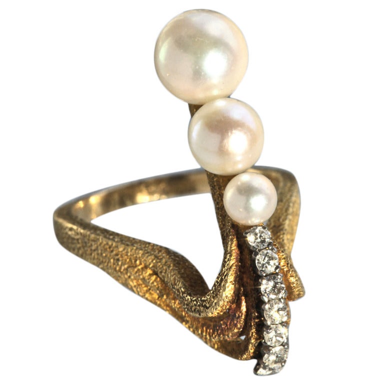 Mid-Century Pearl Diamond Gold Sculptural Ring