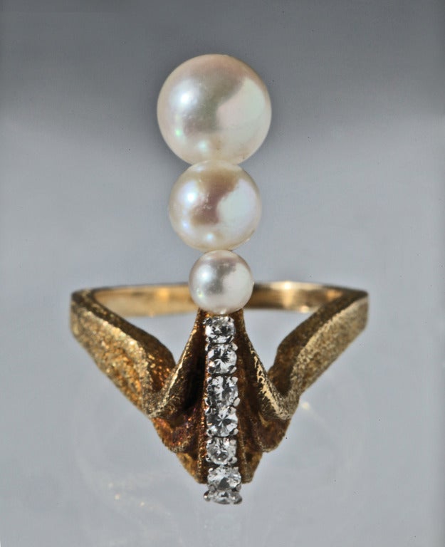 Modernist Mid-Century Pearl Diamond Gold Sculptural Ring