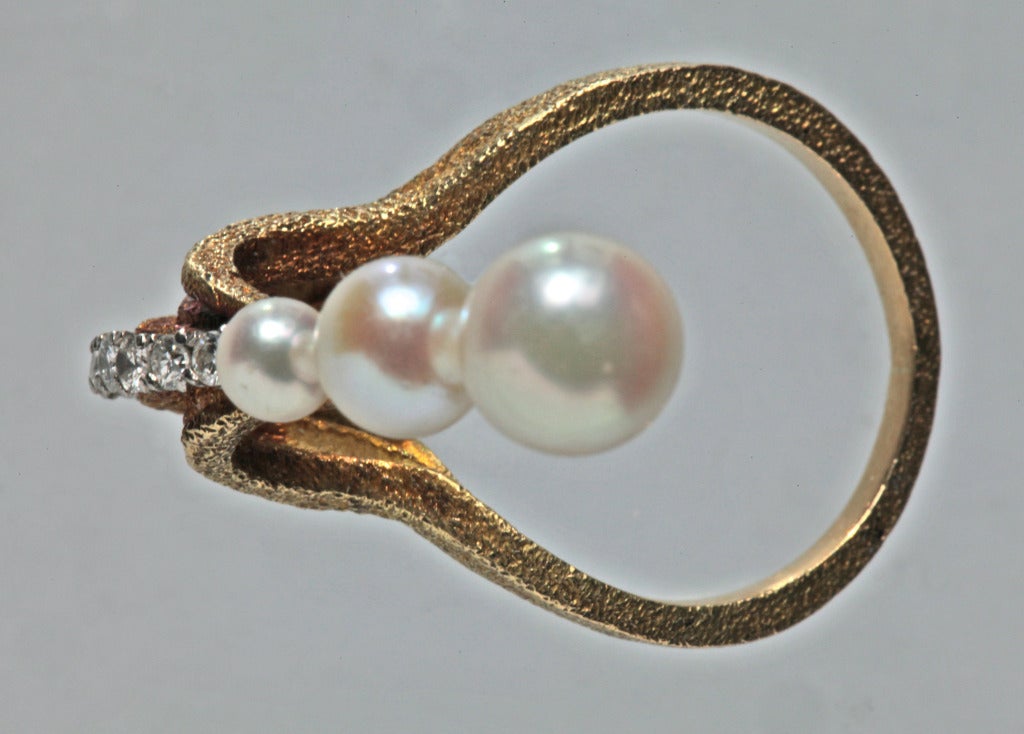 Mid-Century Pearl Diamond Gold Sculptural Ring 1