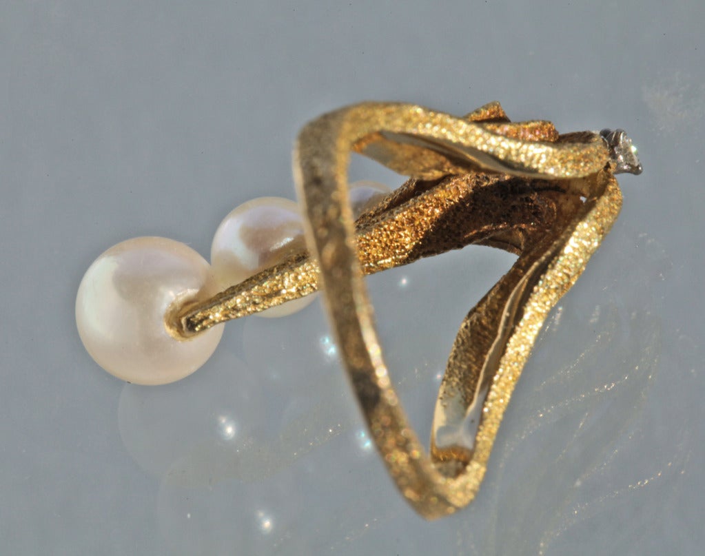 Mid-Century Pearl Diamond Gold Sculptural Ring 2