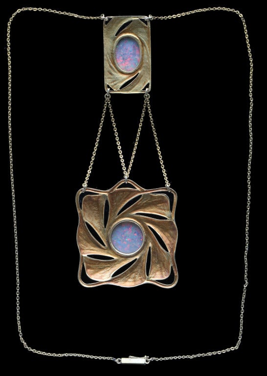 This stunning creation is based on the ginko leaf & is in the manner of the Wiener Wekstatte.
Pendant: H: 10 cm (3.94 in)  W: 3.7 cm (1.46 in) Chain L: 42.5 cm (16.67 in)
The necklace was exhibited in 1913 in Baden Baden. Illustrated in