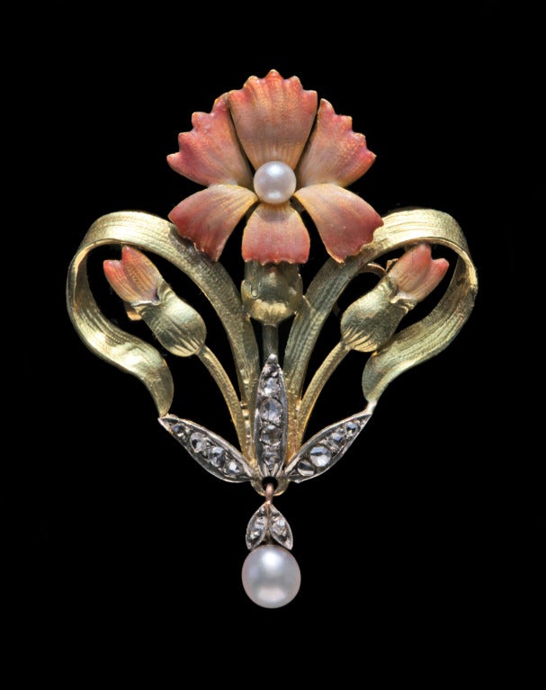 A pretty floral Art Nouveau brooch / pendant attributed to Ferdinand Zerrenner  from Pforzheim. French import marks on pin & brooch.
cf. Jugendstil-Schmuck // Art Nouveau Jewellery from Pforzheim, Fritz Falk, 2009, p. 316-325
Our price is fully