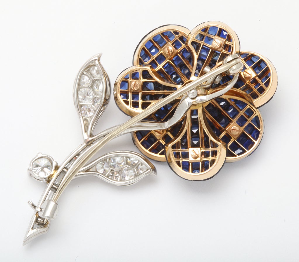 Women's Van Cleef and Arpels Invisibly Set Sapphire Diamond Flower Brooch