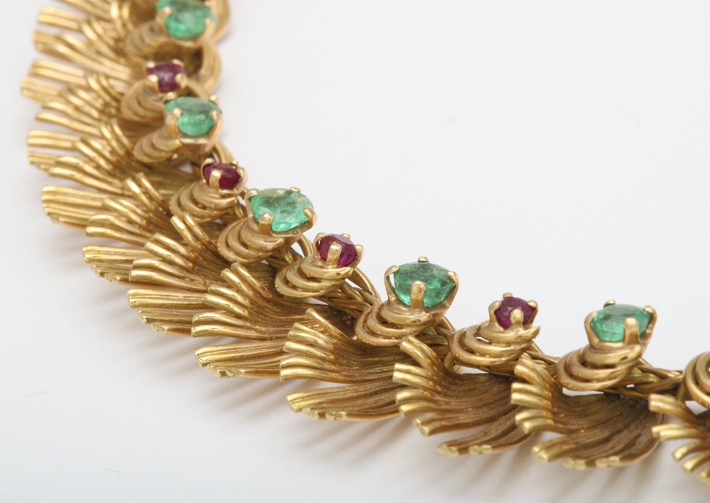Marshak Emerald Ruby Gold Fringe Necklace and Bracelet In Excellent Condition For Sale In NY, NY