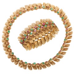 Marshak Emerald Ruby Gold Fringe Necklace and Bracelet