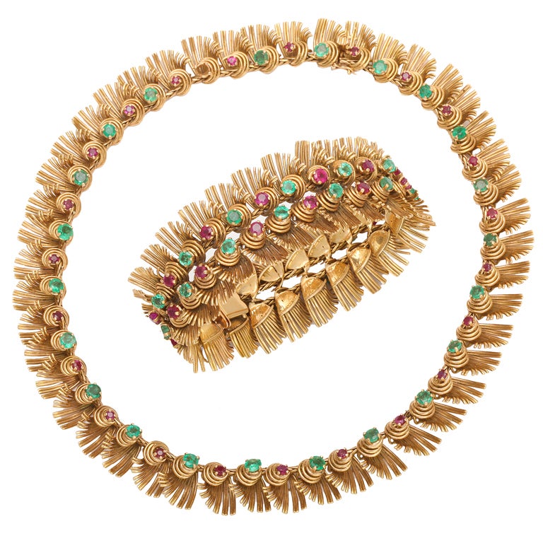 Marshak Emerald Ruby Gold Fringe Necklace and Bracelet For Sale