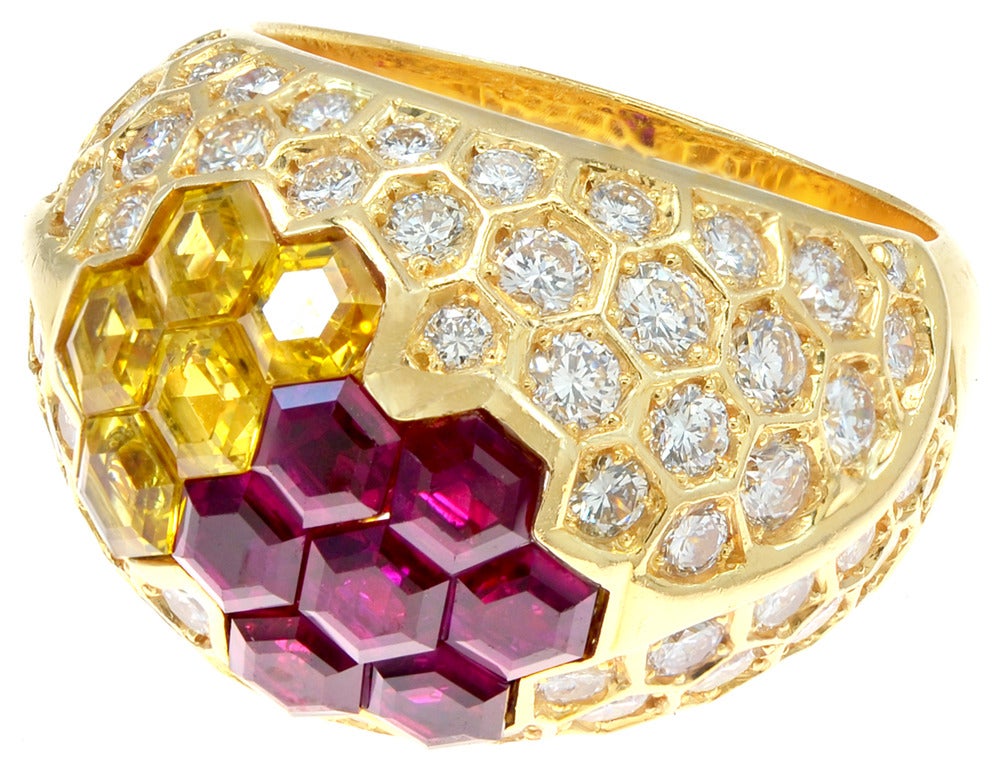 French Diamond, Ruby & Yellow Sapphire Dome Ring