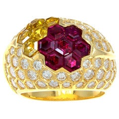 French Diamond, Ruby 
Yellow Sapphire Dome Ring