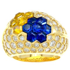 French Diamond, Blue & Yellow Sapphire Dome Ring