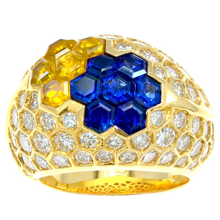 French Diamond, Blue & Yellow Sapphire Dome Ring For Sale