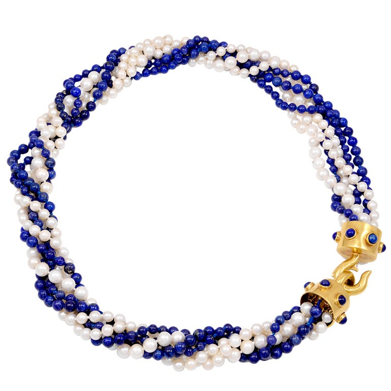 Cartier Lapis, Pearl & Gold Bead Necklace For Sale